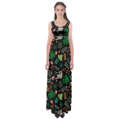 Floral Pattern With Plants Sloth Flowers Black Backdrop Empire Waist Maxi Dress by Vaneshart