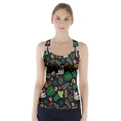 Floral Pattern With Plants Sloth Flowers Black Backdrop Racer Back Sports Top by Vaneshart