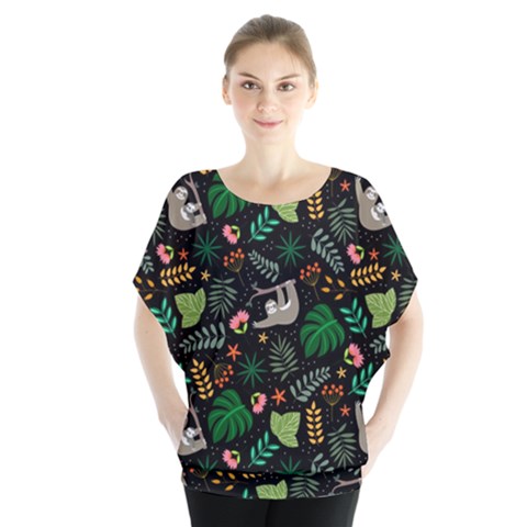 Floral Pattern With Plants Sloth Flowers Black Backdrop Batwing Chiffon Blouse by Vaneshart