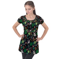 Floral Pattern With Plants Sloth Flowers Black Backdrop Puff Sleeve Tunic Top by Vaneshart