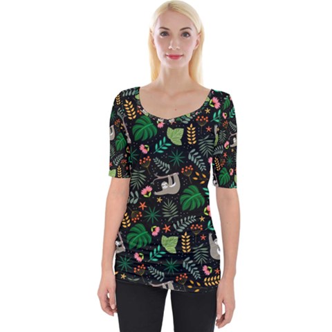 Floral Pattern With Plants Sloth Flowers Black Backdrop Wide Neckline Tee by Vaneshart