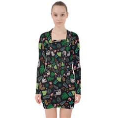 Floral Pattern With Plants Sloth Flowers Black Backdrop V-neck Bodycon Long Sleeve Dress by Vaneshart