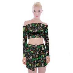 Floral Pattern With Plants Sloth Flowers Black Backdrop Off Shoulder Top With Mini Skirt Set by Vaneshart