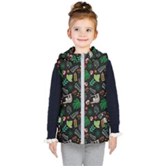 Floral Pattern With Plants Sloth Flowers Black Backdrop Kids  Hooded Puffer Vest by Vaneshart