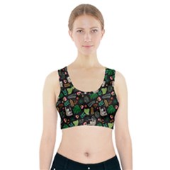 Floral Pattern With Plants Sloth Flowers Black Backdrop Sports Bra With Pocket by Vaneshart