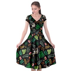 Floral Pattern With Plants Sloth Flowers Black Backdrop Cap Sleeve Wrap Front Dress by Vaneshart