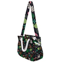 Floral Pattern With Plants Sloth Flowers Black Backdrop Rope Handles Shoulder Strap Bag by Vaneshart