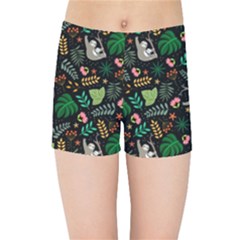 Floral Pattern With Plants Sloth Flowers Black Backdrop Kids  Sports Shorts by Vaneshart