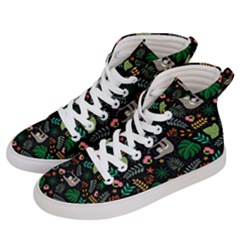 Floral Pattern With Plants Sloth Flowers Black Backdrop Women s Hi-top Skate Sneakers by Vaneshart