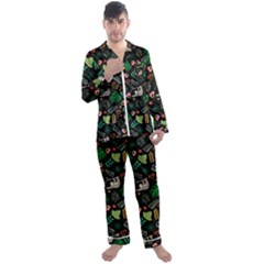 Floral Pattern With Plants Sloth Flowers Black Backdrop Men s Long Sleeve Satin Pyjamas Set by Vaneshart