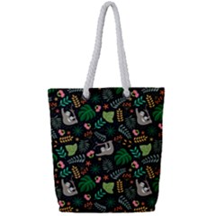 Floral Pattern With Plants Sloth Flowers Black Backdrop Full Print Rope Handle Tote (small) by Vaneshart