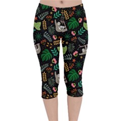 Floral Pattern With Plants Sloth Flowers Black Backdrop Velvet Capri Leggings  by Vaneshart