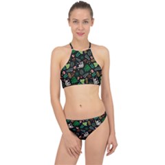 Floral Pattern With Plants Sloth Flowers Black Backdrop Racer Front Bikini Set by Vaneshart