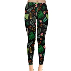 Floral Pattern With Plants Sloth Flowers Black Backdrop Inside Out Leggings by Vaneshart