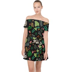 Floral Pattern With Plants Sloth Flowers Black Backdrop Off Shoulder Chiffon Dress by Vaneshart