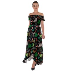 Floral Pattern With Plants Sloth Flowers Black Backdrop Off Shoulder Open Front Chiffon Dress by Vaneshart