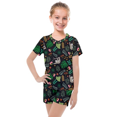 Floral Pattern With Plants Sloth Flowers Black Backdrop Kids  Mesh Tee And Shorts Set by Vaneshart