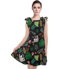 Floral Pattern With Plants Sloth Flowers Black Backdrop Tie Up Tunic Dress by Vaneshart