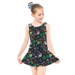 Floral Pattern With Plants Sloth Flowers Black Backdrop Kids  Skater Dress Swimsuit