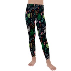 Floral Pattern With Plants Sloth Flowers Black Backdrop Kids  Lightweight Velour Leggings by Vaneshart