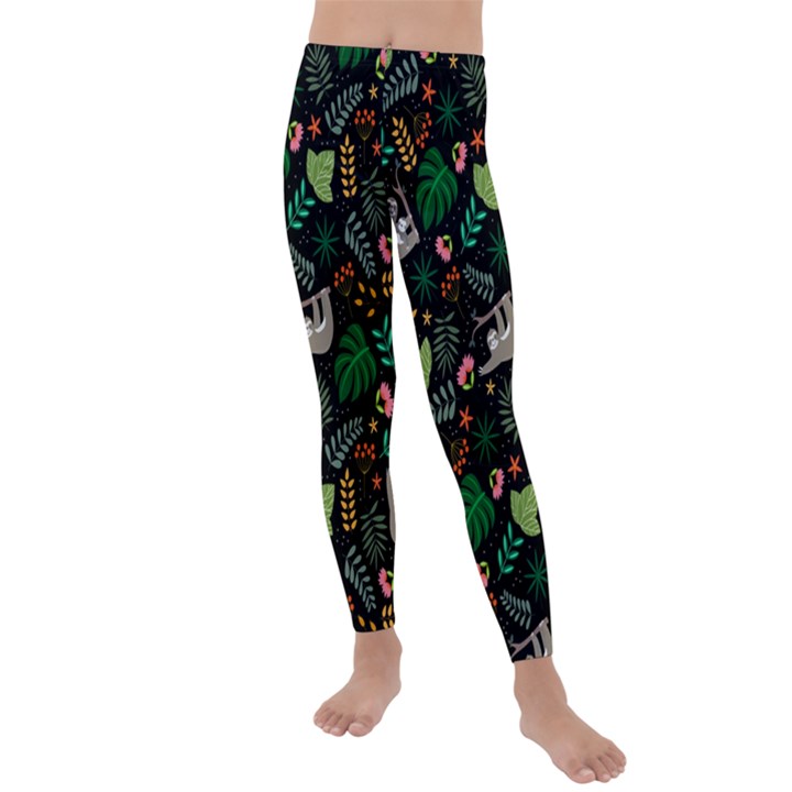 Floral Pattern With Plants Sloth Flowers Black Backdrop Kids  Lightweight Velour Leggings