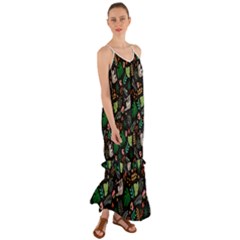 Floral Pattern With Plants Sloth Flowers Black Backdrop Cami Maxi Ruffle Chiffon Dress by Vaneshart