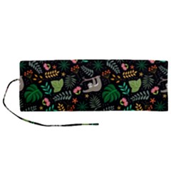 Floral Pattern With Plants Sloth Flowers Black Backdrop Roll Up Canvas Pencil Holder (m) by Vaneshart