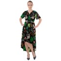 Floral Pattern With Plants Sloth Flowers Black Backdrop Front Wrap High Low Dress View1