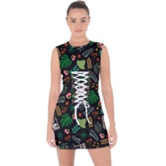 Floral Pattern With Plants Sloth Flowers Black Backdrop Lace Up Front Bodycon Dress by Vaneshart