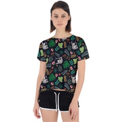 Floral Pattern With Plants Sloth Flowers Black Backdrop Open Back Sport Tee