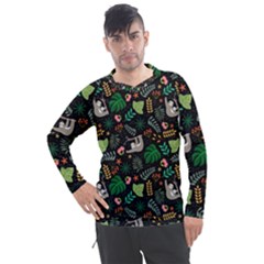 Floral Pattern With Plants Sloth Flowers Black Backdrop Men s Pique Long Sleeve Tee