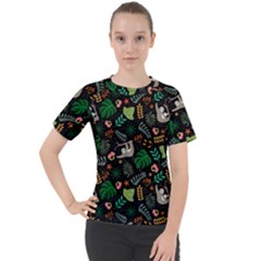 Floral Pattern With Plants Sloth Flowers Black Backdrop Women s Sport Raglan Tee