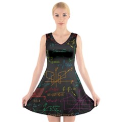 Mathematical Colorful Formulas Drawn By Hand Black Chalkboard V-neck Sleeveless Dress by Vaneshart