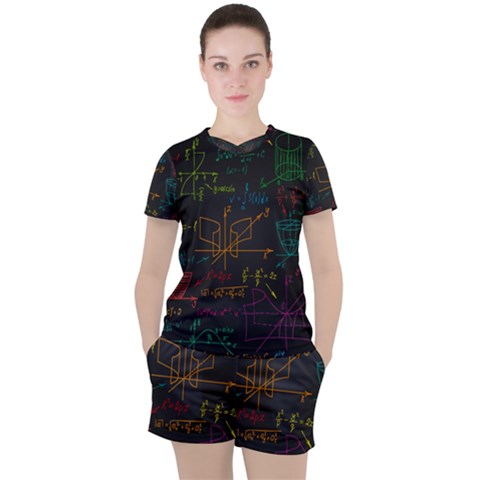 Mathematical Colorful Formulas Drawn By Hand Black Chalkboard Women s Tee And Shorts Set by Vaneshart