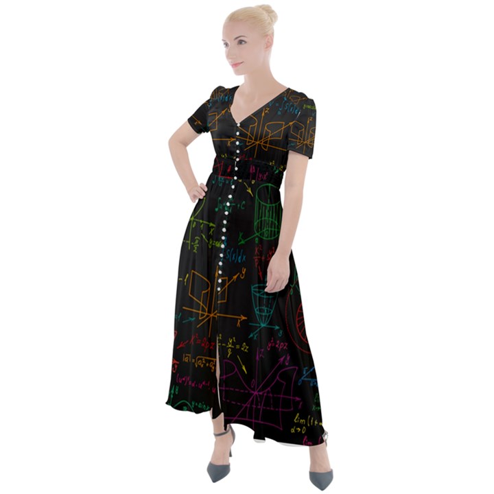 Mathematical Colorful Formulas Drawn By Hand Black Chalkboard Button Up Short Sleeve Maxi Dress