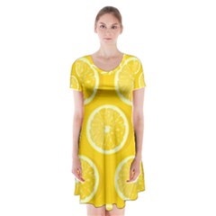 Lemon Fruits Slice Seamless Pattern Short Sleeve V-neck Flare Dress by Vaneshart