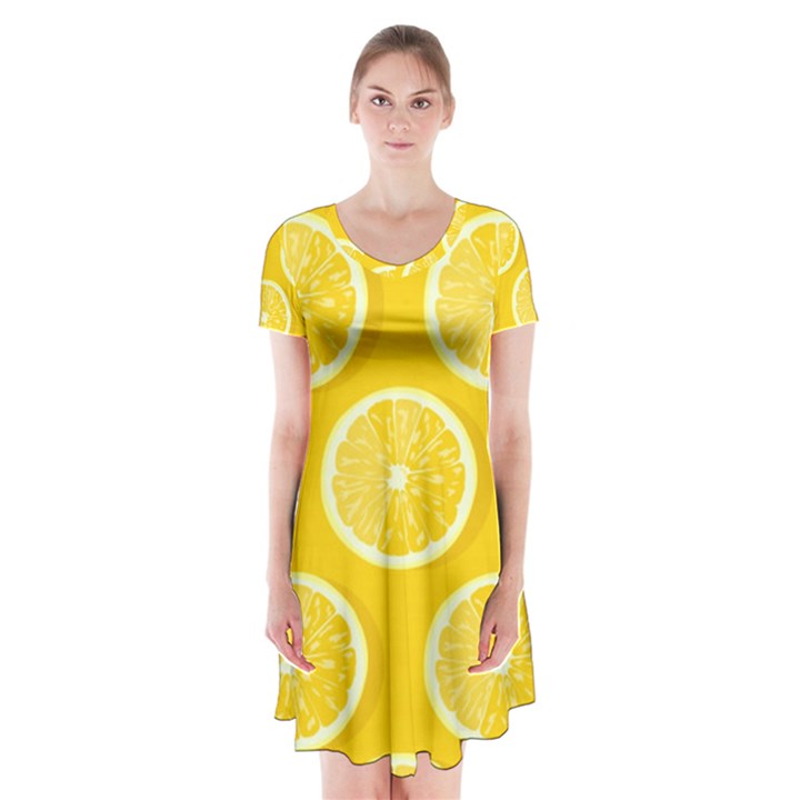 Lemon Fruits Slice Seamless Pattern Short Sleeve V-neck Flare Dress