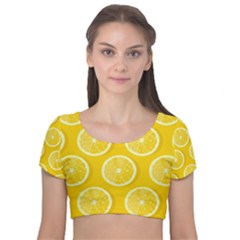 Lemon Fruits Slice Seamless Pattern Velvet Short Sleeve Crop Top  by Vaneshart