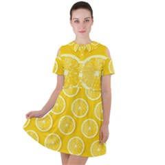 Lemon Fruits Slice Seamless Pattern Short Sleeve Shoulder Cut Out Dress  by Vaneshart