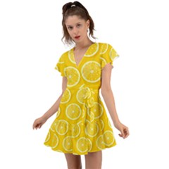 Lemon Fruits Slice Seamless Pattern Flutter Sleeve Wrap Dress by Vaneshart