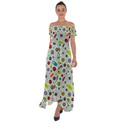 Seamless Pattern With Viruses Off Shoulder Open Front Chiffon Dress