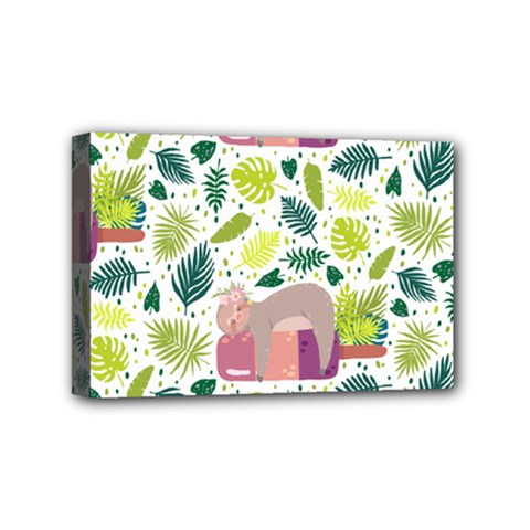 Cute Sloth Sleeping Ice Cream Surrounded By Green Tropical Leaves Mini Canvas 6  X 4  (stretched) by Vaneshart