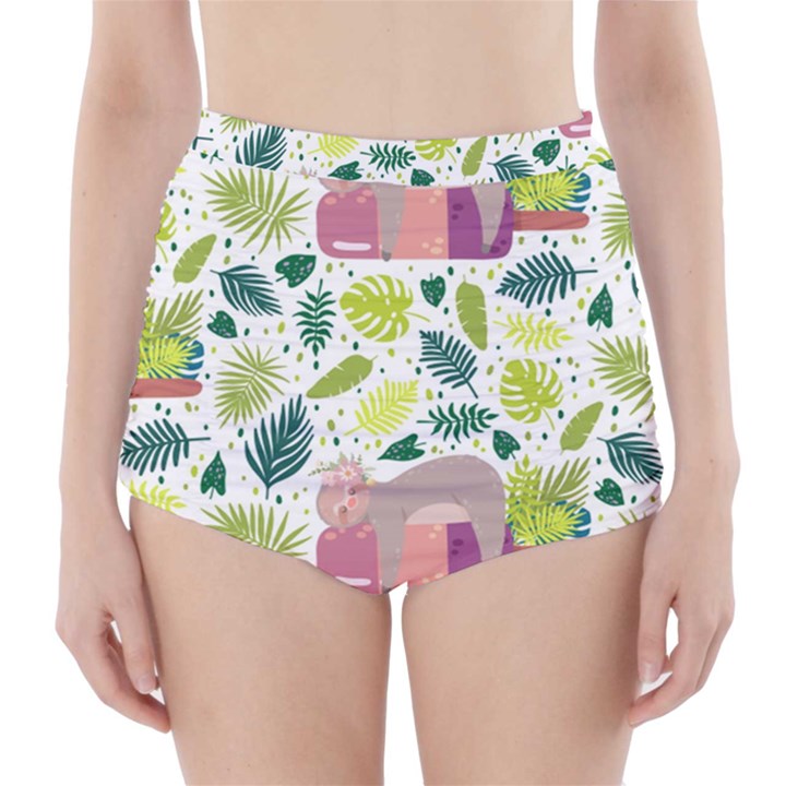 Cute Sloth Sleeping Ice Cream Surrounded By Green Tropical Leaves High-Waisted Bikini Bottoms