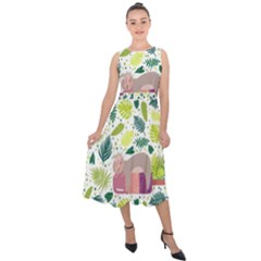 Cute Sloth Sleeping Ice Cream Surrounded By Green Tropical Leaves Midi Tie-back Chiffon Dress by Vaneshart