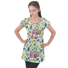 Cute Sloth Sleeping Ice Cream Surrounded By Green Tropical Leaves Puff Sleeve Tunic Top by Vaneshart