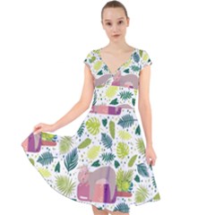 Cute Sloth Sleeping Ice Cream Surrounded By Green Tropical Leaves Cap Sleeve Front Wrap Midi Dress by Vaneshart