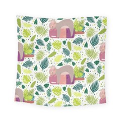 Cute Sloth Sleeping Ice Cream Surrounded By Green Tropical Leaves Square Tapestry (small) by Vaneshart