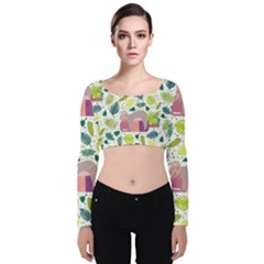 Cute Sloth Sleeping Ice Cream Surrounded By Green Tropical Leaves Velvet Long Sleeve Crop Top by Vaneshart