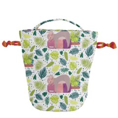 Cute Sloth Sleeping Ice Cream Surrounded By Green Tropical Leaves Drawstring Bucket Bag by Vaneshart