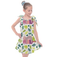 Cute Sloth Sleeping Ice Cream Surrounded By Green Tropical Leaves Kids  Tie Up Tunic Dress by Vaneshart